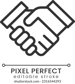 Handshaking pixel perfect linear icon. Business partnership. Corporate collaboration. Thin line illustration. Contour symbol. Vector outline drawing. Editable stroke. Poppins font used