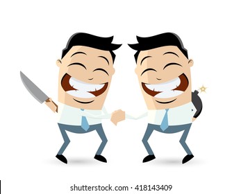 handshaking rivals with weapons behind
