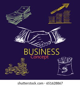 Handshaking of two business men meaning successful meeting or deal. Freehand drawn business idea sketch. Include money, gold.vector 