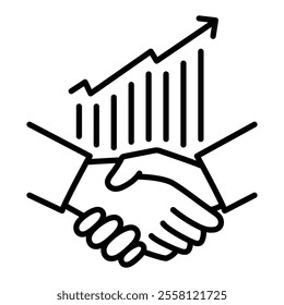 Handshaking with an uptrend line chart icon, representing business partnership, financial growth, investment success, and economic collaboration