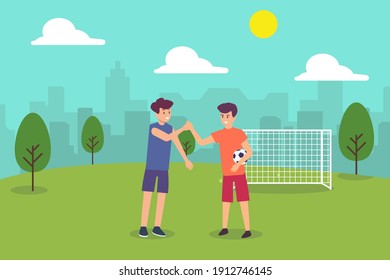 Concepto vectorial de movimiento manual: Dos hombres dan la mano en el campo mientras sostienen el fútbol 