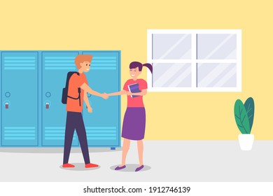 Handshaking vector concept: University students handshaking each other while standing together in school corridor 
