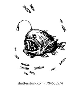 Handsketched angler fish, toothy monster. Monkfish ink sketch, deep water creature. Nautical vector illustration