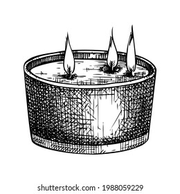 Hand-sketched aromatic candle illustration. Vector drawing of burning wax candle. For aromatherapy, hygge home or holiday decoration, meditation. Vintage home interior design element