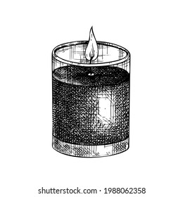 Hand-sketched aromatic candle illustration. Vector sketch of a burning paraffin candle. For aromatherapy, hygge home or holiday decoration, meditation. Vintage home interior design element. 
