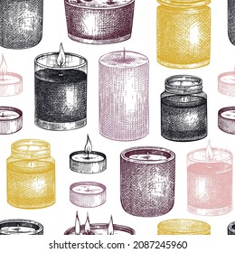 Hand-sketched aromatic candles backdrop. Vector seamless pattern with vintage jars and containers. Scented candles background for relaxing, aromatherapy, hobby, handcrafts, candle making.