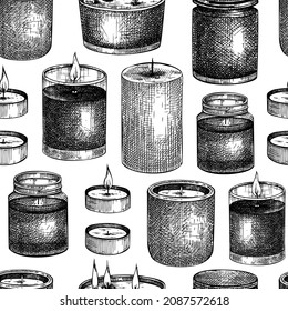 Hand-sketched aromatic candles backdrop. Vector seamless pattern with vintage jars and containers. Scented candles background for relaxing, aromatherapy, hobby, handcrafts, candle making.