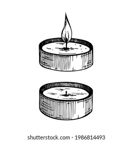 Hand-sketched aromatic candles collection. Vector illustrations of burning paraffin candles. For aromatherapy, hygge home or holiday decoration, meditation. Vintage home interior design elements