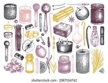 Hand-sketched aromatic candles ingredients collection. Vector illustrations of candles, wax, fragrance, color, herbs, and skewers. Natural materials for aromatherapy, hobby, handcrafts, candle making.