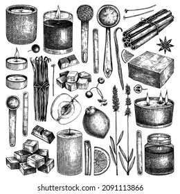 Hand-sketched aromatic candles ingredients collection. Vector illustrations of candles, wax, fragrance, color, herbs, and skewers. Natural materials for aromatherapy, hobby, handcrafts, candle making.