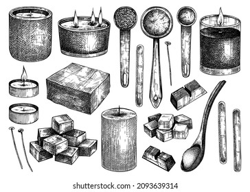 Hand-sketched aromatic candles ingredients collection. Vector illustrations of candles, wax, fragrance, color, skewers. Natural materials for aromatherapy, hobby, handcrafts, candle making.