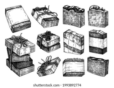 Colección de jabón aromático esbozada a mano. Ilustraciones vectoriales de barras de jabón hechas a mano. Para una identidad de salón de belleza, baño o spa. Cosméticos de época y elementos de diseño de perfumería.