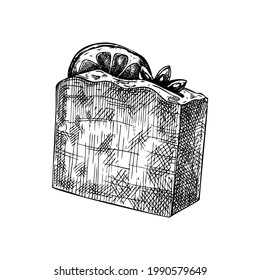 Hand-sketched aromatic soap illustration. Vector drawing of hand-drawn soap bar with spice and citrus fruits. For a beauty salon identity, bathroom or spa. Vintage cosmetics and perfumery design.