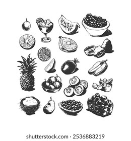 Uma variedade de frutas tropicais desenhadas à mão em preto e branco, incluindo abacaxi, kiwi, citrinos e bagas. Ideal para rótulos de alimentos, embalagens ou arte com tema de cozinha