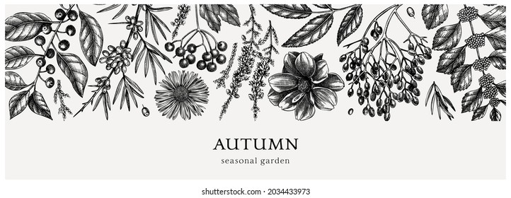 Hand-sketched autumn banner. Elegant botanical design with autumn leaves, berries, flowers sketches. Perfect for invitation, cards, flyers, menu, label, banner, packaging. Vintage floral template.