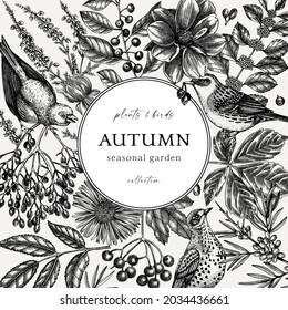 Hand-sketched autumn botany retro design. Elegant botanical template with autumn leaves, berries, flowers and bird sketches. Perfect for invitation, cards, flyers, menu, label, packaging. 