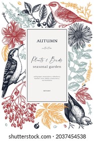 Hand-sketched autumn frame design with birds. Elegant botanical template with autumn leaves, berries, flowers and bird sketches in colors. Perfect for vintage invitation, cards, flyers, social media. 