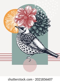 Pájaro esbozado a mano con ilustración de flores de otoño. Diseño de estilo de conjunto con campo, florales, formas geométricas y elementos abstractos. Se puede usar para imprimir, afiche, volante, arte mural, medios sociales