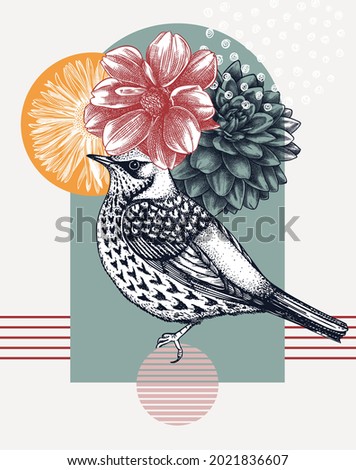 Hand-sketched bird with autumn flowers illustration. Collage style design with fieldfare, florals, geometric shapes, and abstract elements. Can be used for print, poster, flyer, wall art, social media