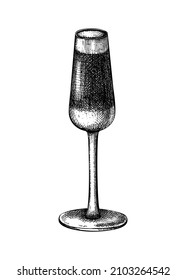 Hand-sketched Black Velvet Cocktail Illustration. Vector Sketch Of Alcoholic Drink In An Elegant Glass. Beer Cocktail With Beer And Sparkling Wine Hand-drawing Isolated On White Background