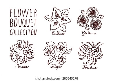 Handsketched bouquets collection.  Floral labels.  Suitable for ads, signboards, identity and wedding designs