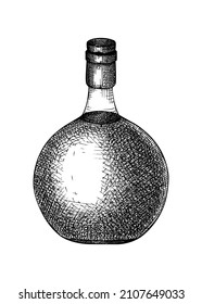 Ilustración de botellas de brandy esbozada a mano. Esbozo vectorial de la bebida alcohólica en vidrio. Bebida de alcohol dibujo a mano de botella aislado en blanco. Perfecto para el diseño de tiendas, bares y restaurantes