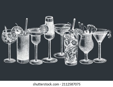 Hand-sketched cocktail illustration Vector sketches of alcoholic drinks on a chalkboard. Popular alcohol cocktails are vintage hand-drawing. Perfect banner design for bar or restaurant menu design