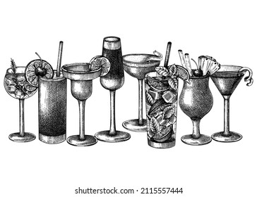 Hand-sketched cocktail illustration. Vintage-style sketches of alcoholic drinks. Popular alcohol cocktails vector composition. Perfect banner for bar or restaurant menu design on white background