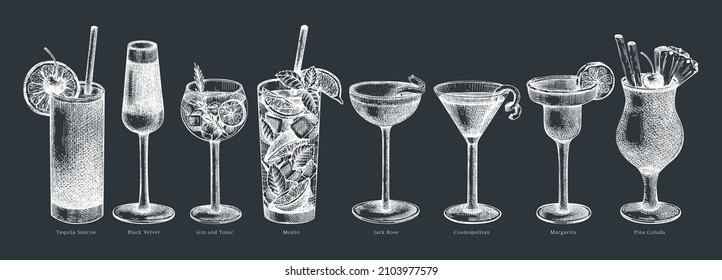 Hand-sketched cocktail illustrations set. Vector sketch of alcoholic drinks in elegant glasses. Popular alcohol cocktails hand-drawing for bar or restaurant menu design isolated on chalkboard