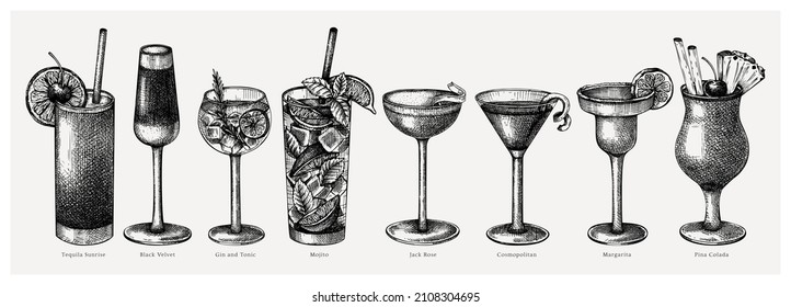 Hand-sketched cocktail illustrations set. Vector sketch of alcoholic drinks in elegant glasses. Popular alcohol cocktails vintage hand-drawing. Perfect for bar or restaurant menu isolated on white