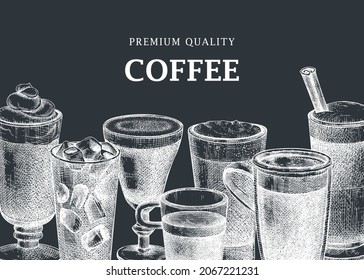 Hand-sketched coffee banner design on a chalkboard. Vector sketches of mugs with aromatic caffeine drinks. Vector beverages background for café, cafeteria, restaurant menu. Vintage coffee template