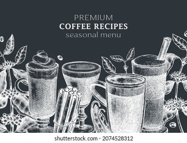 Hand-sketched coffee banner template on chalkboard. Vector sketches of mugs with aromatic caffeine drinks. With botanical coffee plants, leaves and beans in vintage style. Vector beverages design