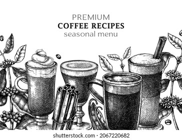 Hand-sketched coffee banner template. Vector sketches of mugs with aromatic caffeine drinks. With botanical coffee plants, leaves, and beans in vintage style. Vector beverages for cafe menu design