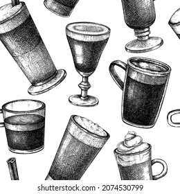 Hand-sketched coffee seamless pattern. Vector sketches of mugs with aromatic caffeine drinks background. Cappuccino, latte, americano, espresso in vintage style. Vector beverages backdrop