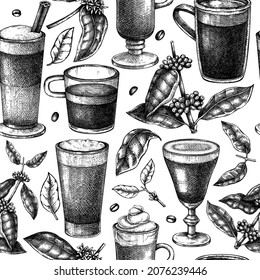 Hand-sketched coffee seamless pattern. Vector sketches of mugs with aromatic caffeine drinks background. With botanical coffee plants, leaves, and beans in vintage style. Vector beverages backdrop