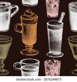 Hand-sketched coffee seamless pattern. Vector sketches of mugs with aromatic caffeine drinks background. Cappuccino, latte, americano, espresso in vintage style. Vector beverages backdrop