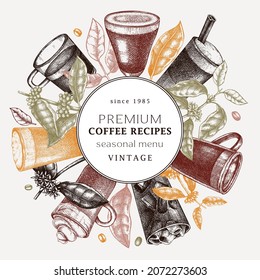 Hand-sketched coffee wreath template in colors. Vector sketches of mugs with aromatic morning beverages. With botanical coffee plants, leaves and beans in vintage style. Vector drinks menu design
