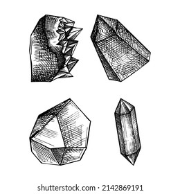 Hand-sketched crystal with mosaic texture illustrations set. Realistic objects - diamond shapes, crystals, gems vintage set. Alchemical design elements. 