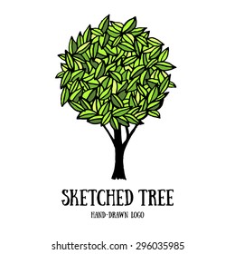 Handsketched decorative ornate tree logo template. Cute nature decoration element.