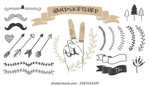 Hand-sketched design elements with arrows, banners, and mustaches. Hand-sketched foliage and trees add a natural touch. Hand-sketched details enhance creativity. Doodle illustrations, vector set.