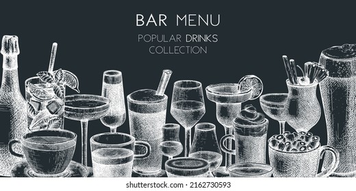 Hand-sketched drink menu banner design. Vector sketches of popular cocktails, coffee, tea in elegant glasses. Vintage drinks hand-drawings. Bar or restaurant menu template isolated on chalkboard