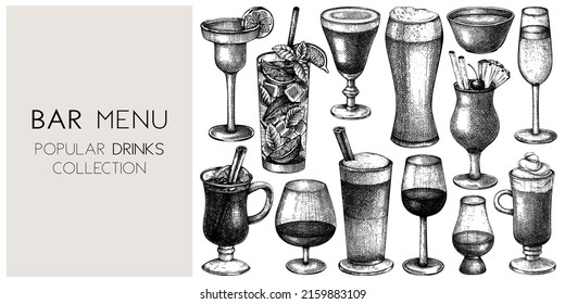 Hand  sketched drinks background  Vector banner and popular beverages  cocktails  coffee  tea hand  drawings  Popular drinks vintage hand  drawings  Bar restaurant menu template in sketched style 