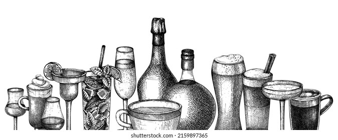 El fondo de las bebidas esbozadas a mano. Pancarta vectorial con bebidas populares, cócteles, café e ilustraciones de té. Las bebidas populares son dibujos a mano añejos. Plantilla de menú de bar o restaurante en estilo esbozado