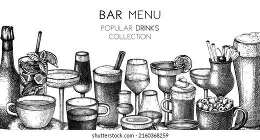 Hand-sketched drinks background. Vector banner with popular beverages, coffee, tea, and cocktail glasses. Vintage drinks hand-drawings. Bar or restaurant menu design template in sketched style.