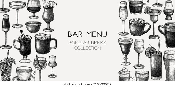 Hand-sketched drinks background. Vector banner with alcoholic beverages, coffee, tea, and cocktails. Popular drinks vintage hand-drawings. Bar or restaurant menu design template in sketched style.