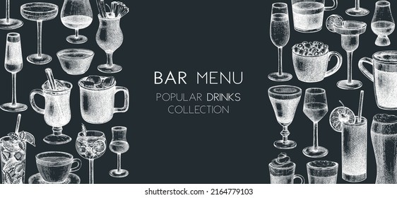 Hand-sketched drinks banner design. Vector sketches of popular beverages in elegant glasses. Popular drinks vintage hand-drawings. Bar or restaurant menu template isolated on chalkboard