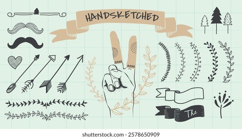 Hand-sketched elements with arrows, banners, and mustaches. Features a peace sign, trees, and decorative leaves. Hand-sketched arrows and banners. Doodle illustrations, vector set.