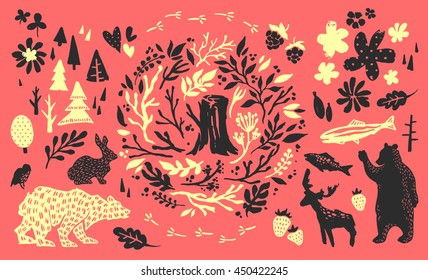 Handsketched elements of northern forest. Hand drawn nordic set. Vector collection of animals, florals, flowers, branches, berries, trees. Bear, deer, fish, rabbit, bird silhouettes.