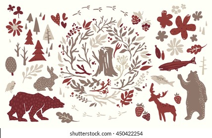 Handsketched elements of northern forest. Hand drawn nordic set. Vector collection of animals, florals, flowers, branches, berries, trees. Bear, deer, fish, rabbit, bird silhouettes.