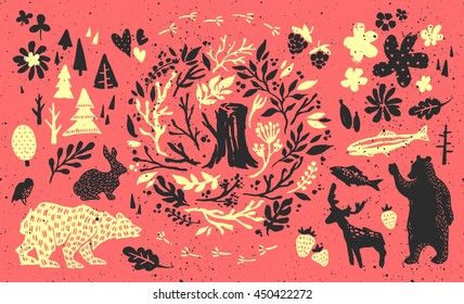 Handsketched elements of northern forest. Hand drawn nordic set. Vector collection of animals, florals, flowers, branches, berries, trees. Bear, deer, fish, rabbit, bird silhouettes.